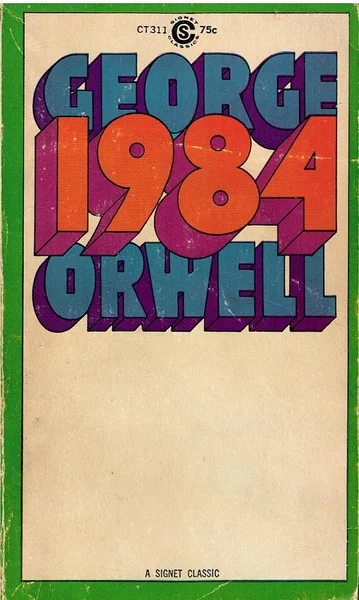 Bold book cover of "1984" by George Orwell, featuring large, colorful 3D text in orange and blue on a plain beige background with a green border.