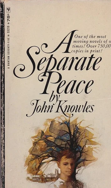 Cover of "A Separate Peace" by John Knowles. Features a large, abstract tree overlapping a boy's portrait, with text highlighting its acclaim.