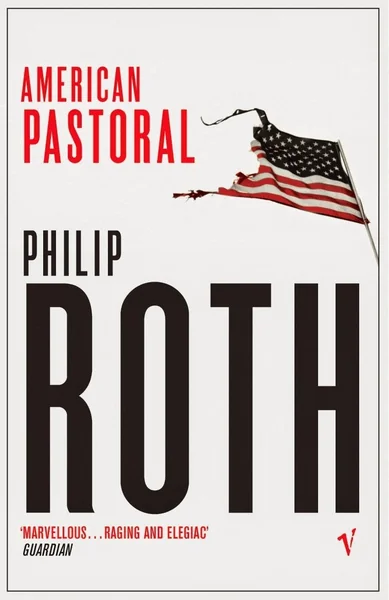 Cover of "American Pastoral" by Philip Roth features a tattered American flag. Title in red, author's name in large black letters conveys a somber tone.