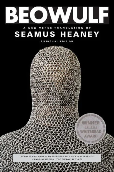 Cover for "Beowulf" translated by Seamus Heaney, featuring a figure wearing chainmail armor and displaying a sticker noting the Whitbread Award.