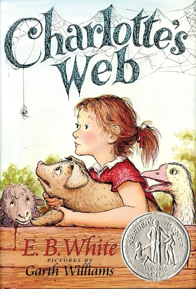 Cover of "Charlotte's Web" by E.B. White. A young girl holds a pig next to sheep and a goose. A spider spins a web above her. The tone is warm and nostalgic.