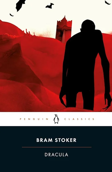 Silhouette of a looming figure on a red, abstract landscape with bats flying overhead. A tower stands in the distance. Eerie and atmospheric tone.