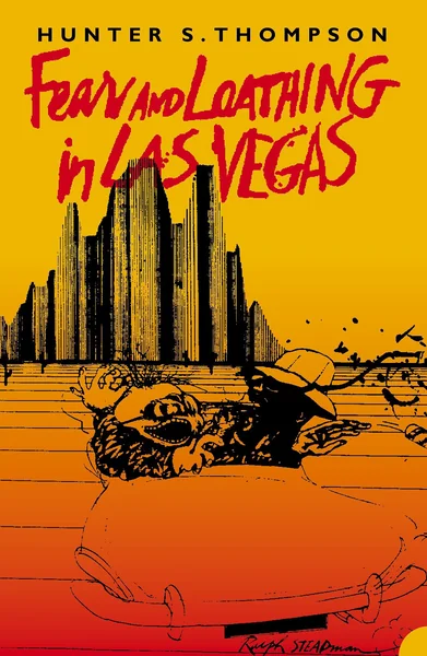 Yellow and orange cover of "Fear and Loathing in Las Vegas" by Hunter S. Thompson. Features sketchy illustration of two figures in a car with a city skyline. Bold red and black text adds a chaotic feel.