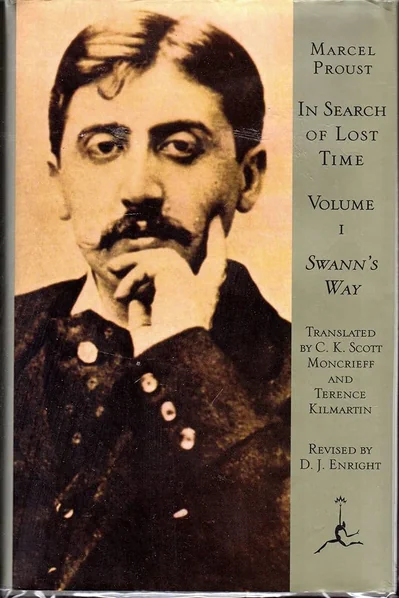 Cover of "In Search of Lost Time: Volume 1, Swann's Way" by Marcel Proust. Features a sepia-toned portrait of a thoughtful man with text detailing translators and revision.