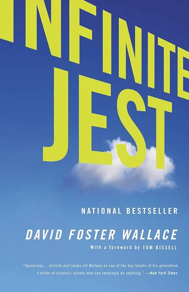 Cover of "Infinite Jest" by David Foster Wallace. Bold yellow title on an expansive blue sky with a small cloud, conveying vastness and introspection.