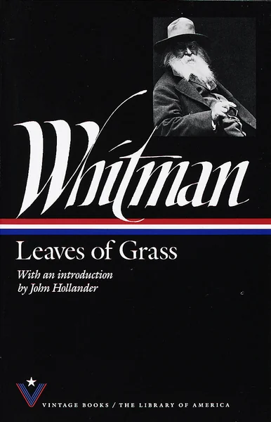 Book cover for "Leaves of Grass" by Whitman. Features a black and white photo of an older man in a hat, with elegant white typography on a black background.