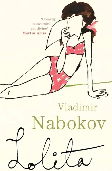 Cover of "Lolita" by Vladimir Nabokov. Illustration of a woman in a red checkered bikini reading. Quote above, author and title text below.