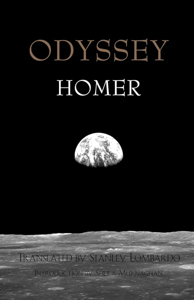Cover of "Odyssey" by Homer, translated by Stanley Lombardo. Features a black background with Earthrise over the moon. Text appears in white and tan.