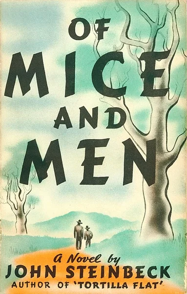 Cover of "Of Mice and Men" by John Steinbeck; title text in bold, with two tiny figures walking on a path flanked by abstract trees. Textured, rustic feel.