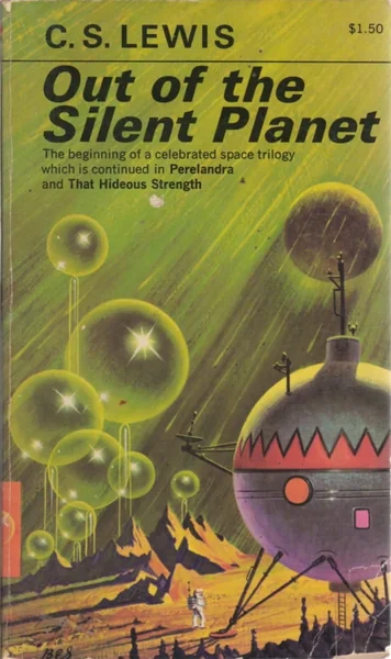 Cover of "Perelandra" by C.S. Lewis depicts a surreal landscape. A hand holds a green sphere beneath a white structure. Three glowing figures hover above.