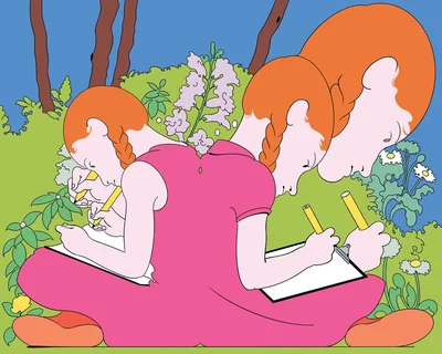 Bold cartoon illustration of a braided redhead in a pink dress, shown twice sitting back-to-back, drawing with pencils on a clipboard amid green foliage.