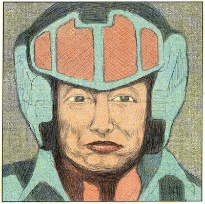 Portrait of a person wearing a light blue winged helmet with four orange, cross-hatched panels, rendered in dense colored pen linework.