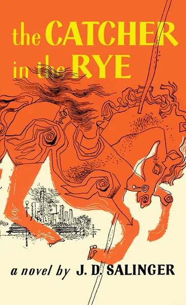 Cover of "The Catcher in the Rye" by J.D. Salinger features a swirling, stylized carousel horse in orange and yellow tones, conveying nostalgia and motion.