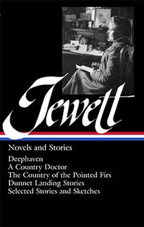 Black-and-white photo of a seated woman in a study above the name Jewett in white script; Novels and Stories.