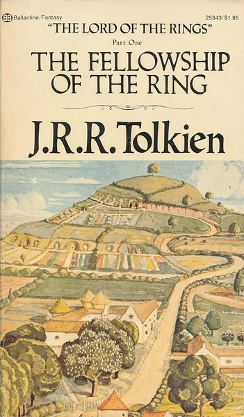 Cover of "The Fellowship of the Ring" by J.R.R. Tolkien, featuring a pastoral landscape with rolling hills, trees, and a winding road, conveying a serene tone.