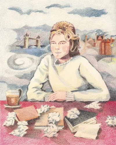 Colored pencil portrait of a person at a red table strewn with crumpled papers and a mug, Tower Bridge visible in a misty background.