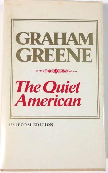 Cream-colored book cover with bold, gold "Graham Greene" and red "The Quiet American" centered. Elegant border design, "Uniform Edition" below.