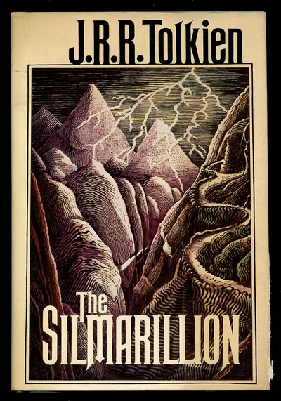 Cover of "The Silmarillion" by J.R.R. Tolkien, featuring stylized mountains and lightning. The artwork is detailed and evokes a mystical, dramatic tone.