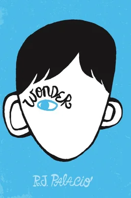 Cover of "Wonder" by R.J. Palacio. Features a simple illustration of a face with an asymmetrical, cartoonish design on a blue background. The word "Wonder" forms an eye.